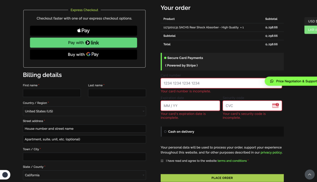 BenzAutoHub online checkout experience and facility to buy any Benz parts for sale with a click of a button with secure checkout from Stripe a financial giant in payment gateway integrated wth apple pay, google pay and link pay for express checkout.